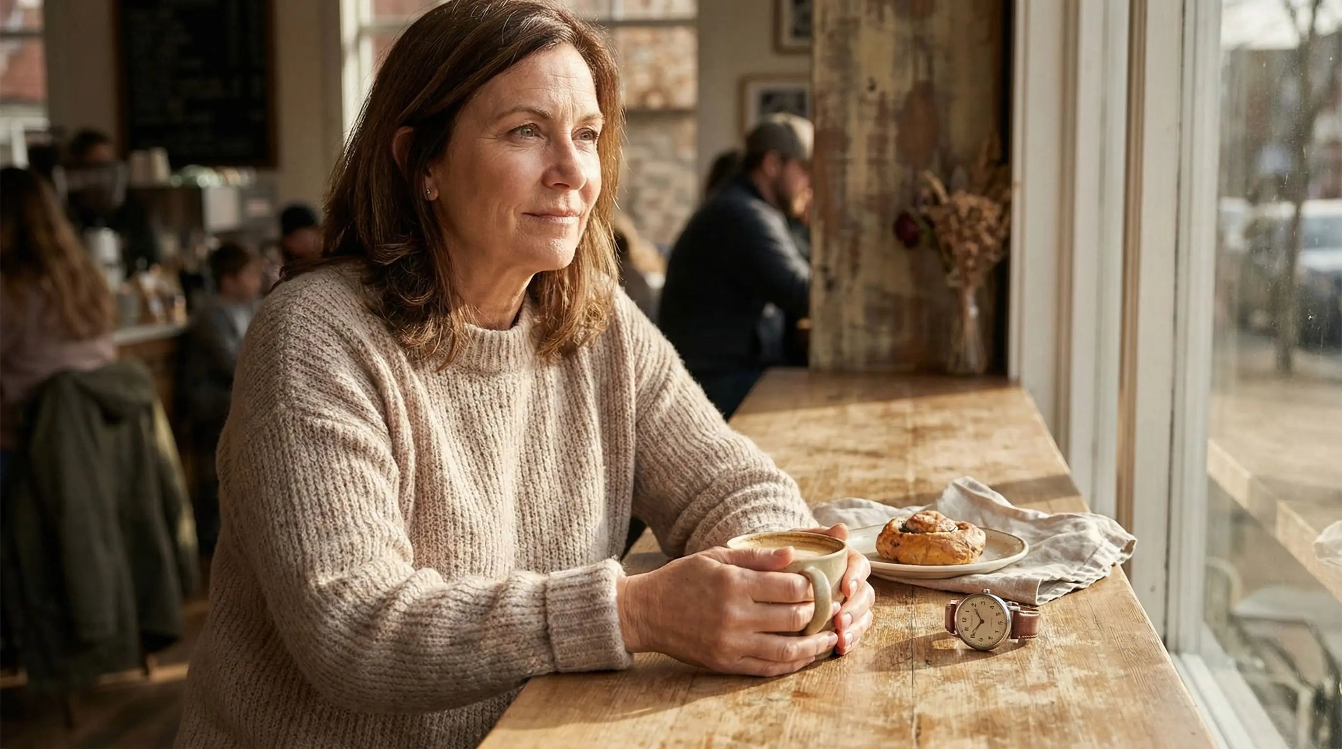 Woman at café with afternoon coffee and watch considering caffeine cutoff time for better sleep