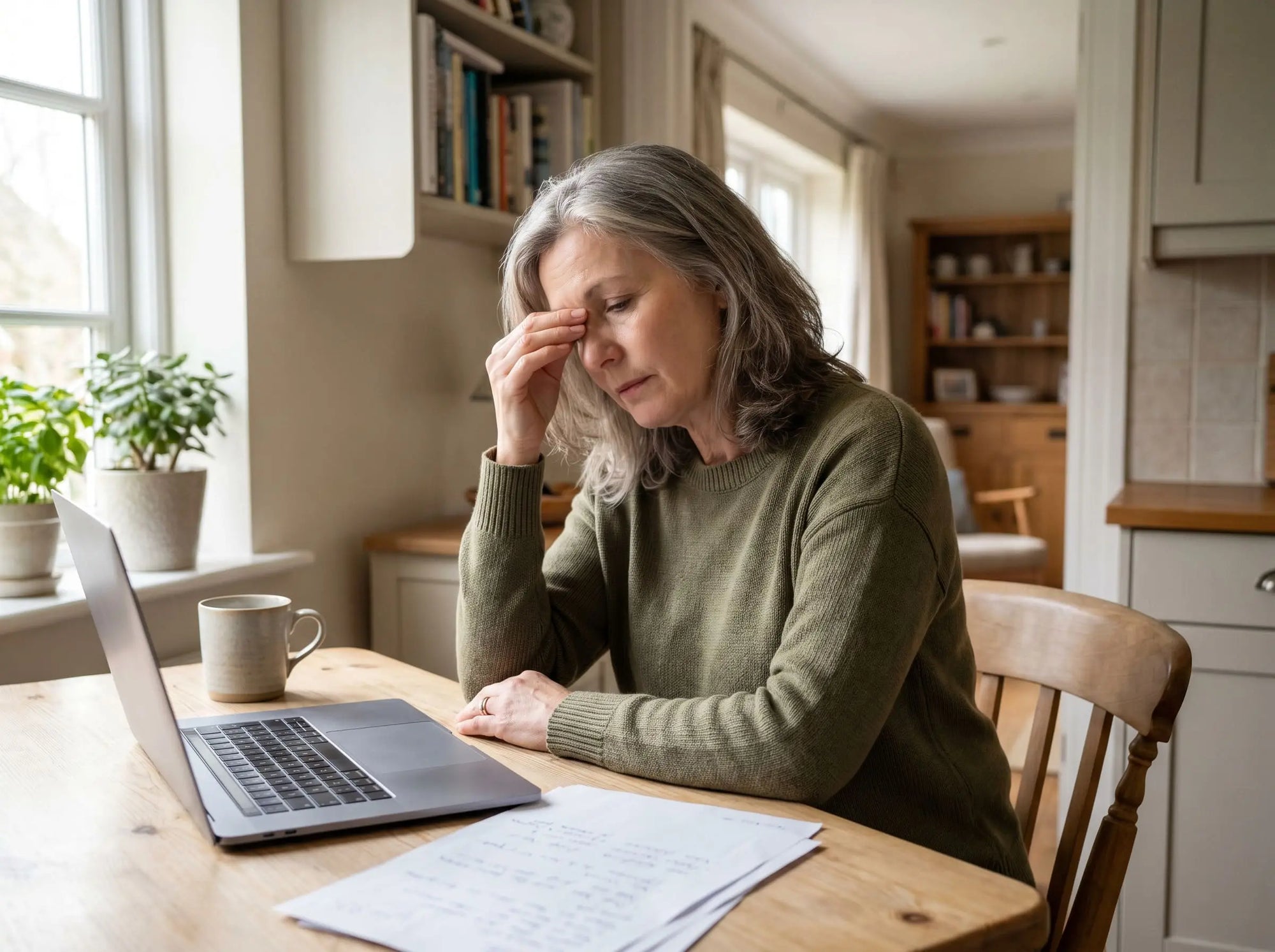 Woman over 50 struggling with brain fog and concentration difficulty after poor sleep