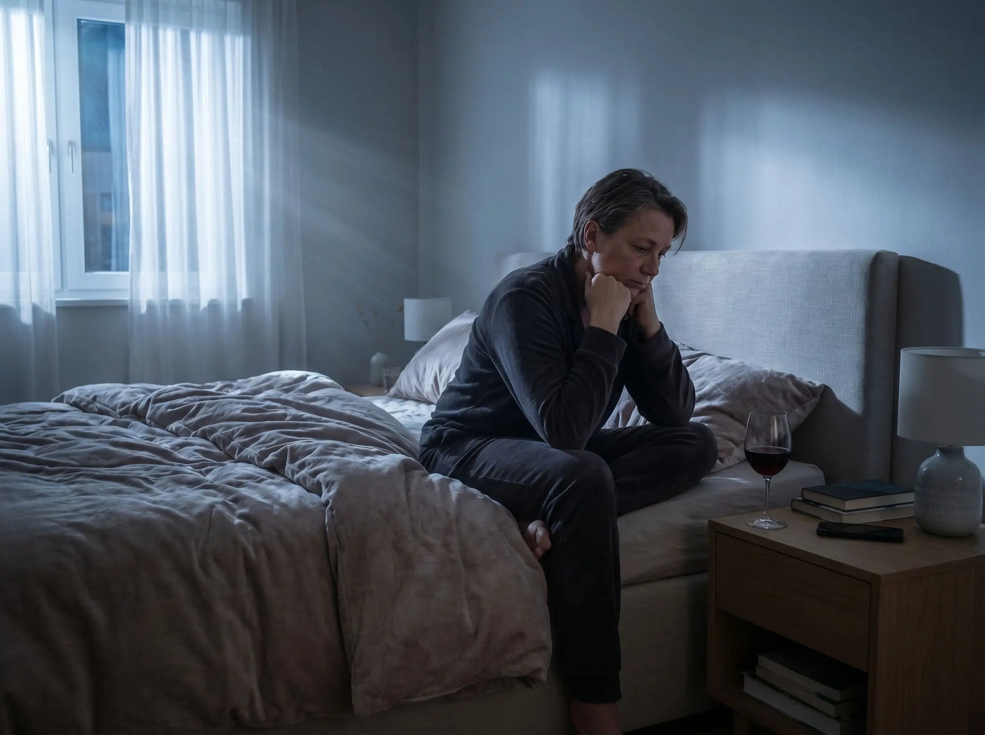 Person sitting awake in bed at night with a glass of wine nearby, illustrating the link between alcohol consumption and insomnia.