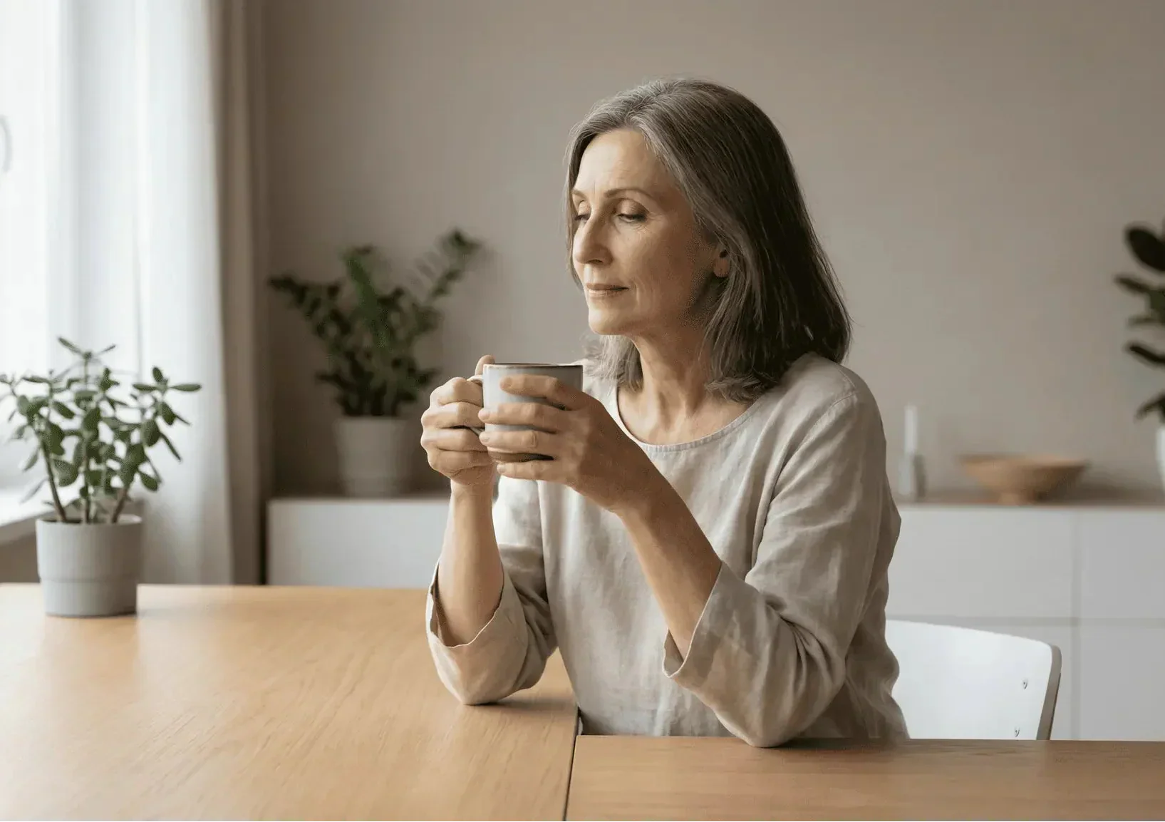 Tired person sitting at a table with a cup of coffee, showing low energy despite drinking caffeine.