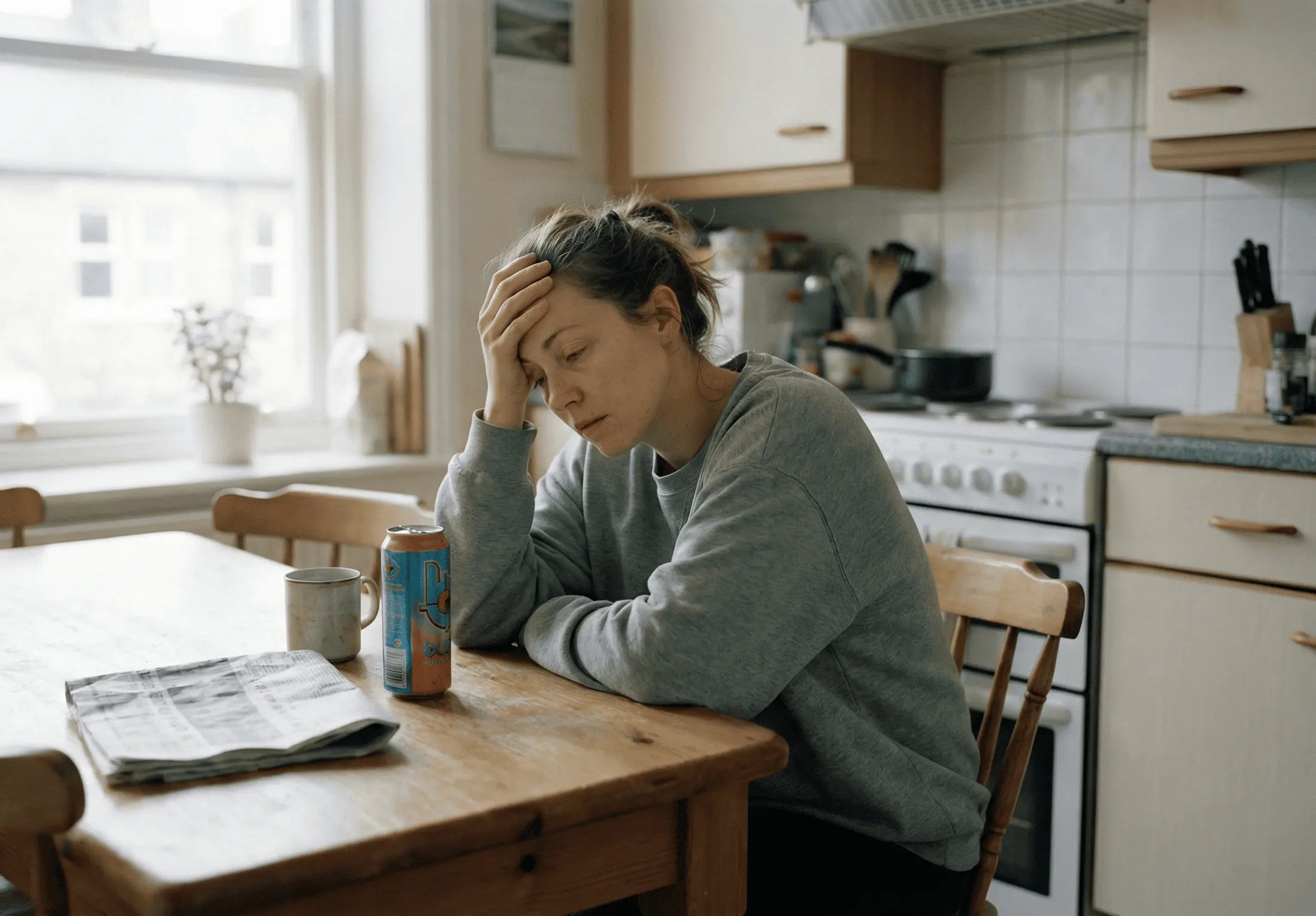 Person sitting at a table with an energy drink, looking tired and low on energy despite drinking it.