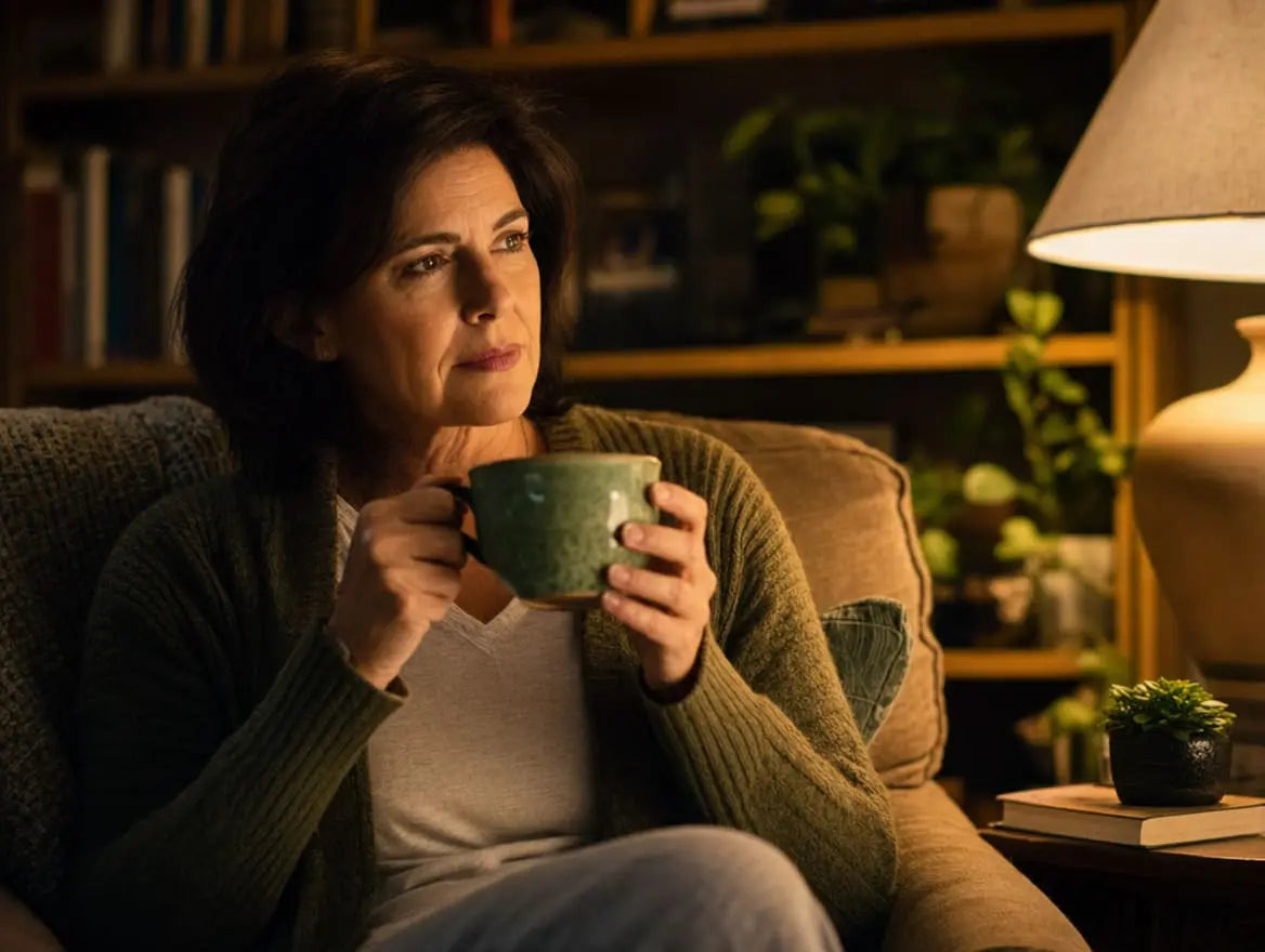 Woman holding green tea cup in evening considering whether green tea before bed helps sleep
