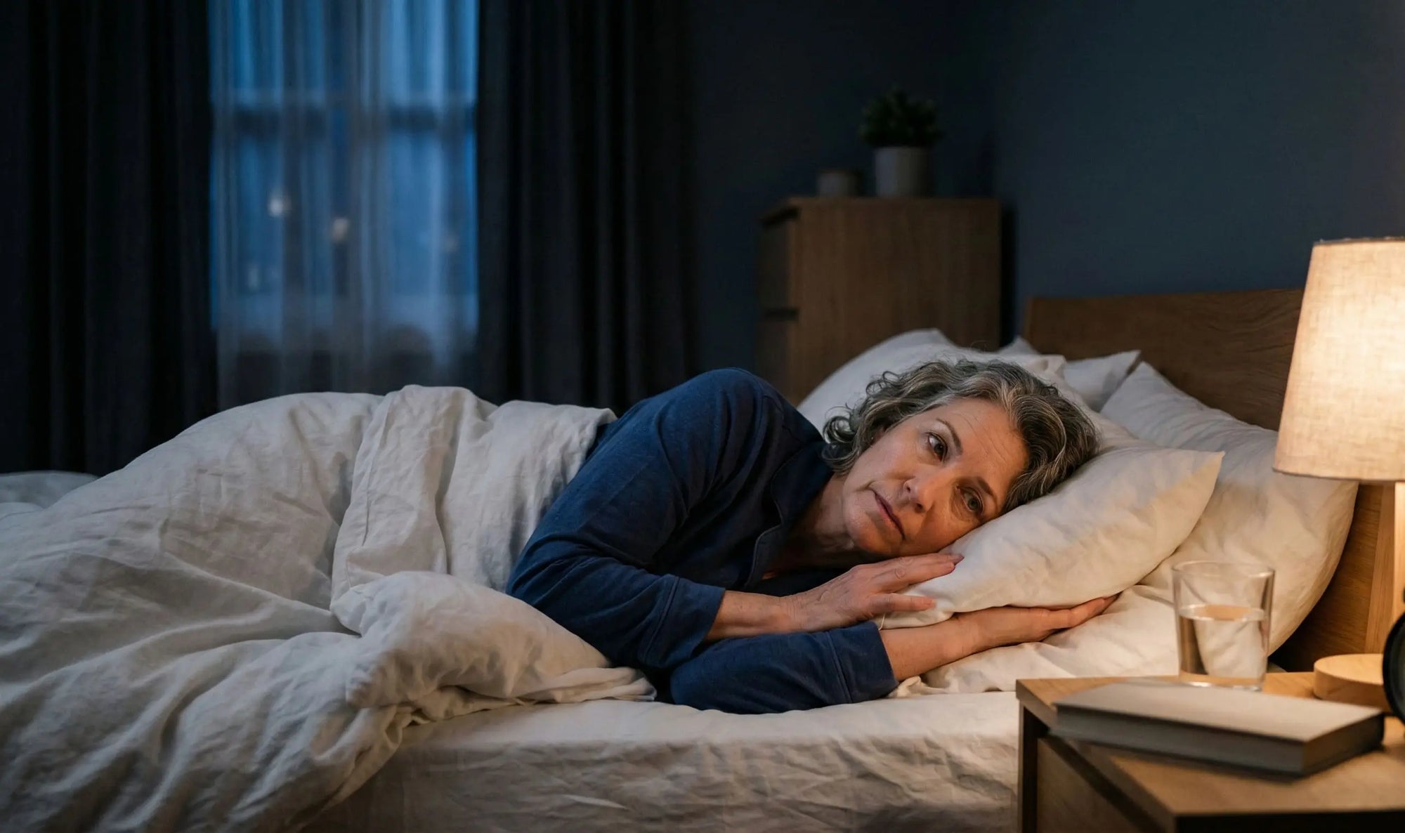 Woman lying awake in bed struggling with insomnia or poor sleep habits