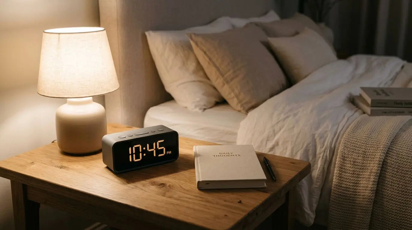 Alarm clock on bedside table showing optimal bedtime based on wake-up time and sleep cycles