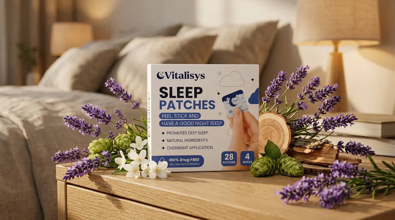 Vitalisys Sleep Patches box with natural ingredients lavender jasmine hops and cedarwood on bedside table