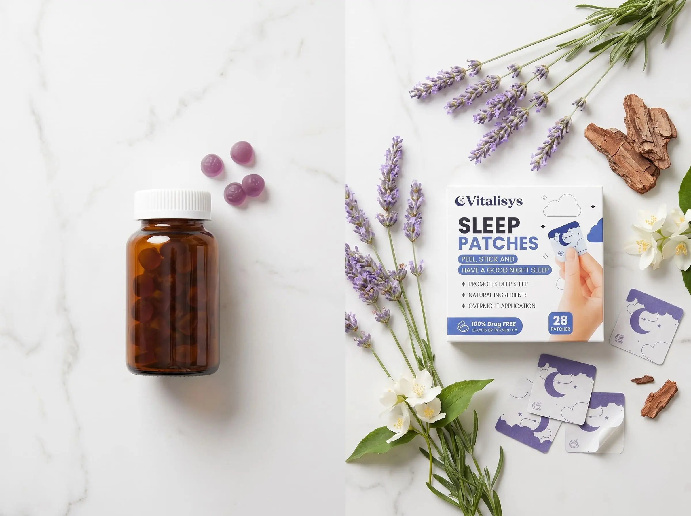 Vitalisys Sleep Patches with natural botanical ingredients compared to melatonin gummies supplement bottle