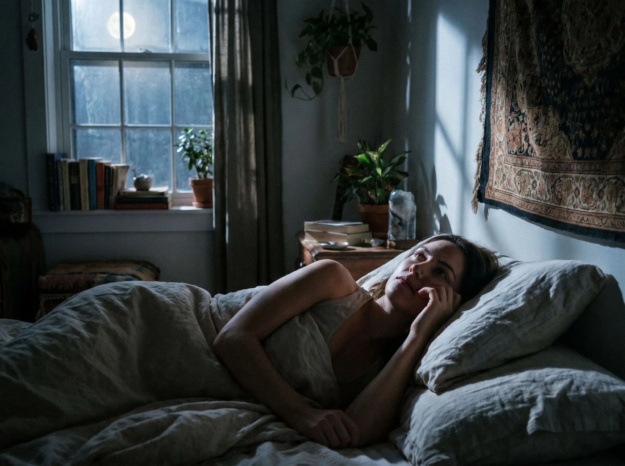 Woman lying awake in bed at night with anxious thoughts, looking toward the ceiling in a dimly lit bedroom.