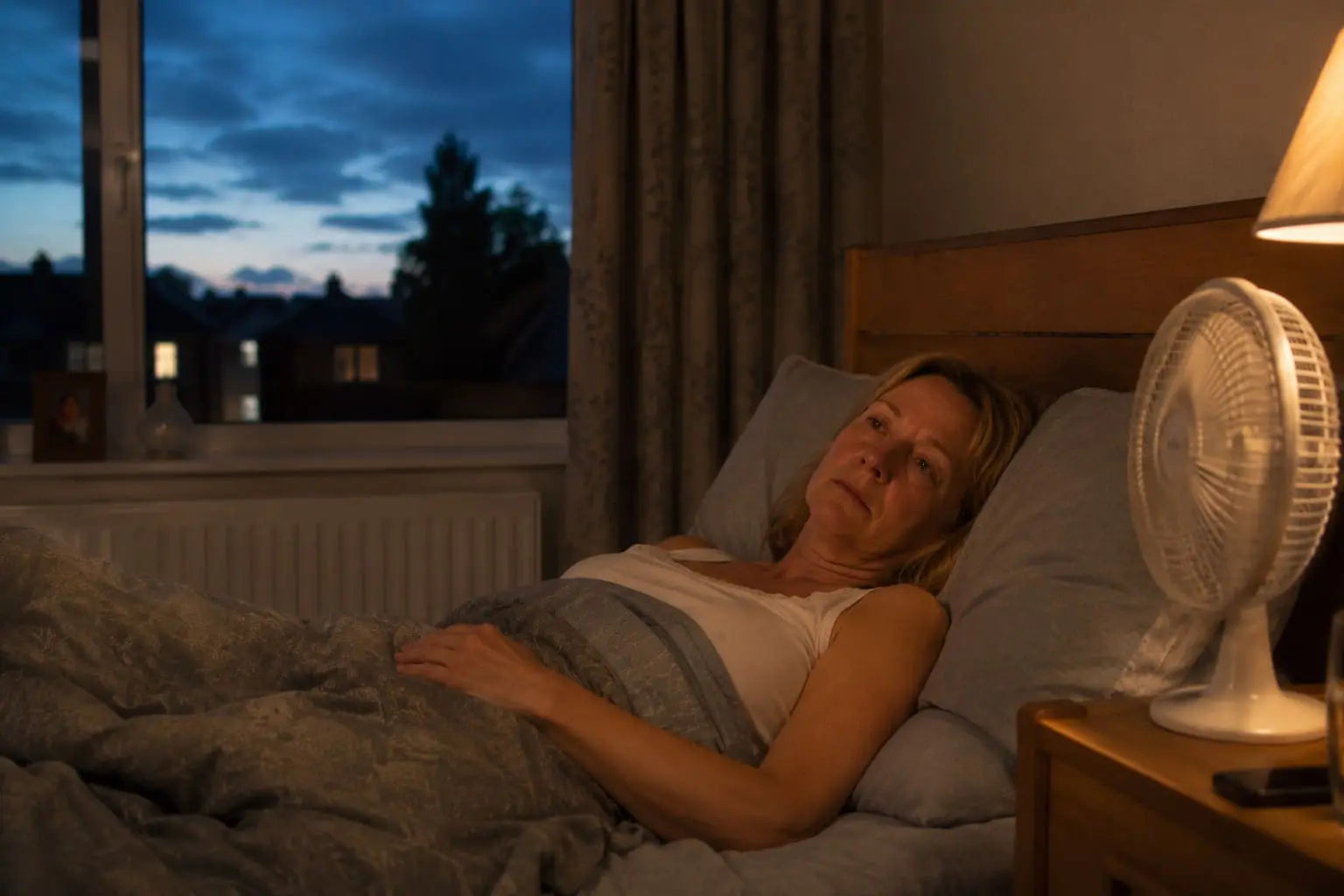 Woman in her 50s lying awake in bed on a hot summer night with a fan on the bedside table and evening sky visible through the window