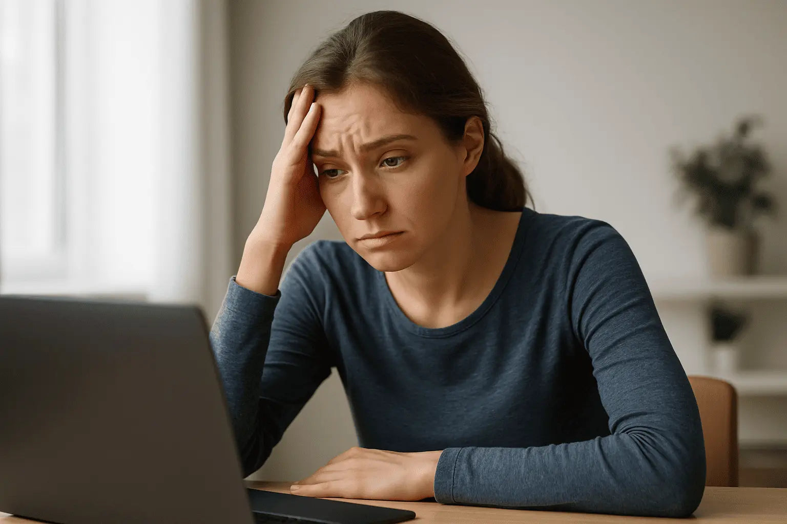Woman sitting at her desk with a tired, confused expression, showing signs of both stress and fatigue.