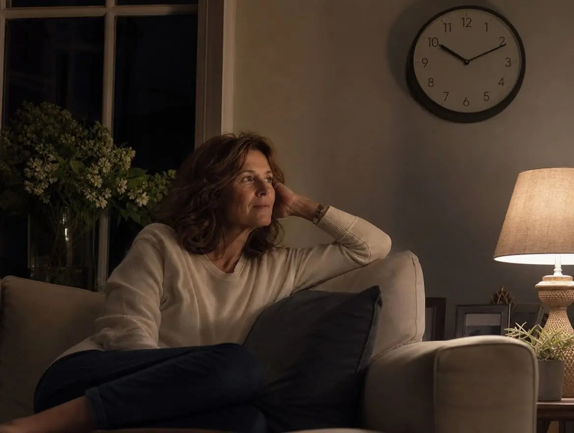 Woman in her 50s sitting on the sofa in a dimly lit living room at 10pm, looking thoughtful, wall clock visible in the background