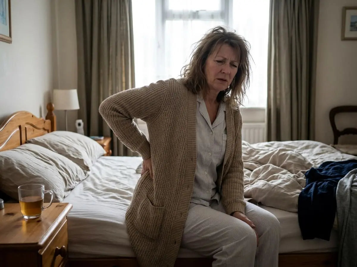 Woman in her 50s sitting on the edge of the bed in the morning holding her lower back in pain after a poor night's sleep