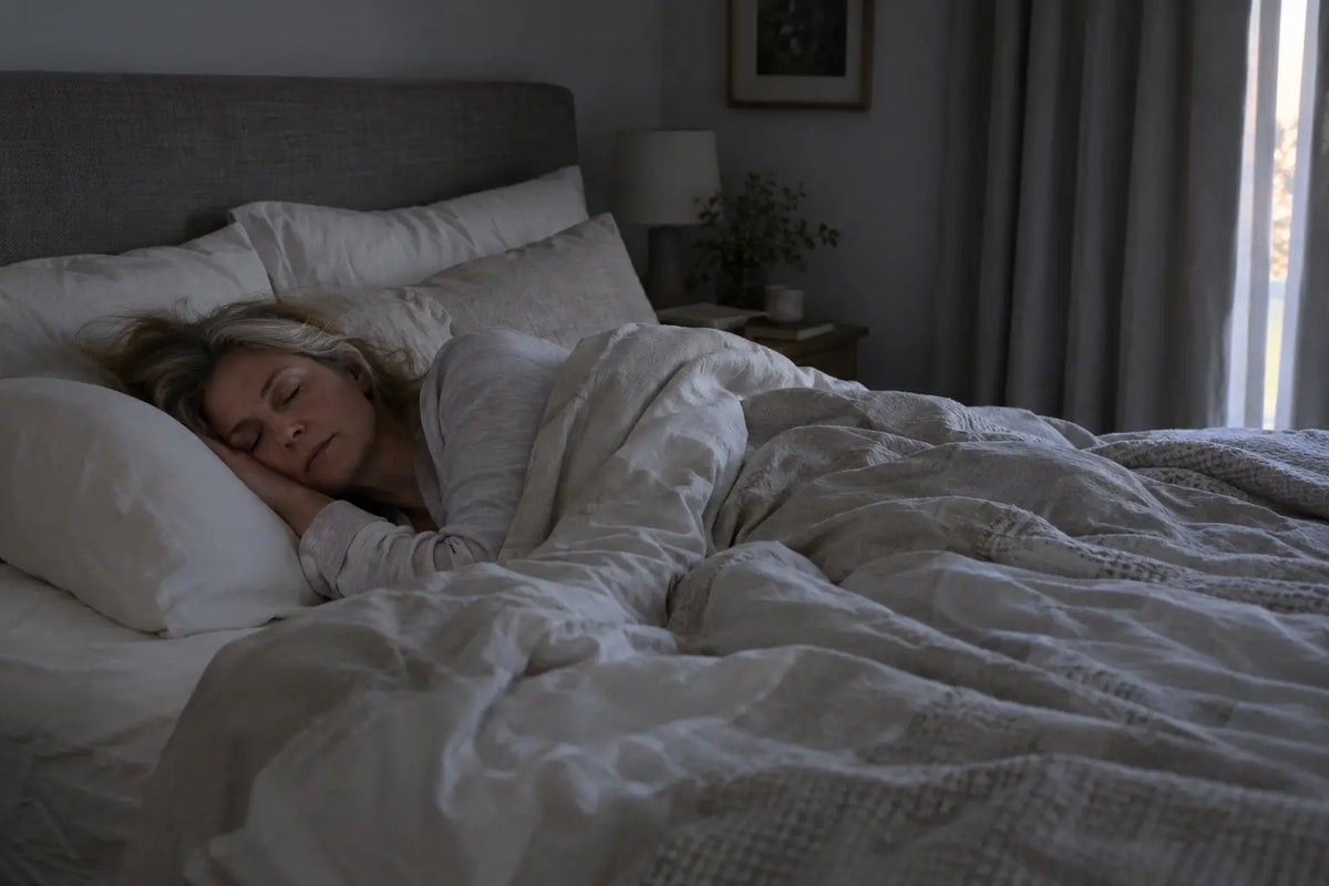 Woman in her 50s sleeping peacefully through the night in a cool, dark bedroom