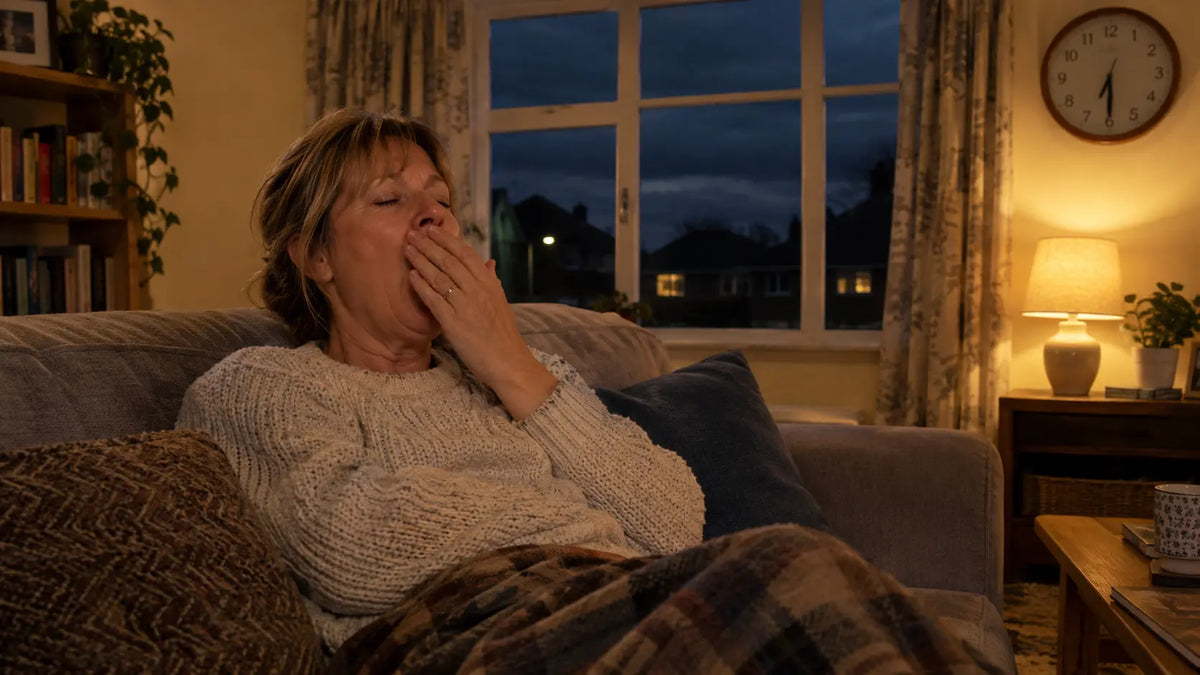 Woman in her 50s yawning on the sofa in the early evening, feeling tired since the clocks went back