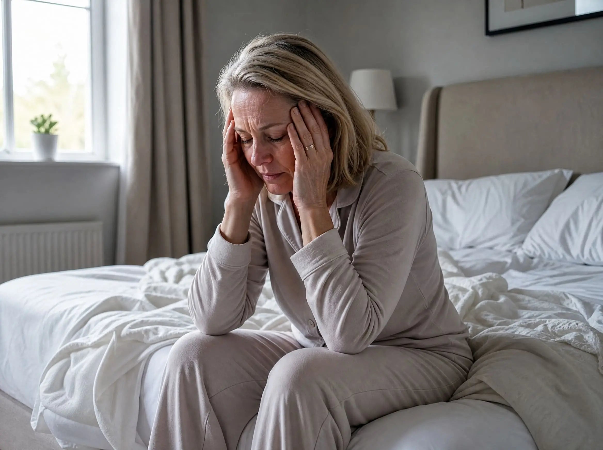 Woman in her 50s sitting on the edge of the bed in the morning holding her head, looking tired despite a full night's sleep