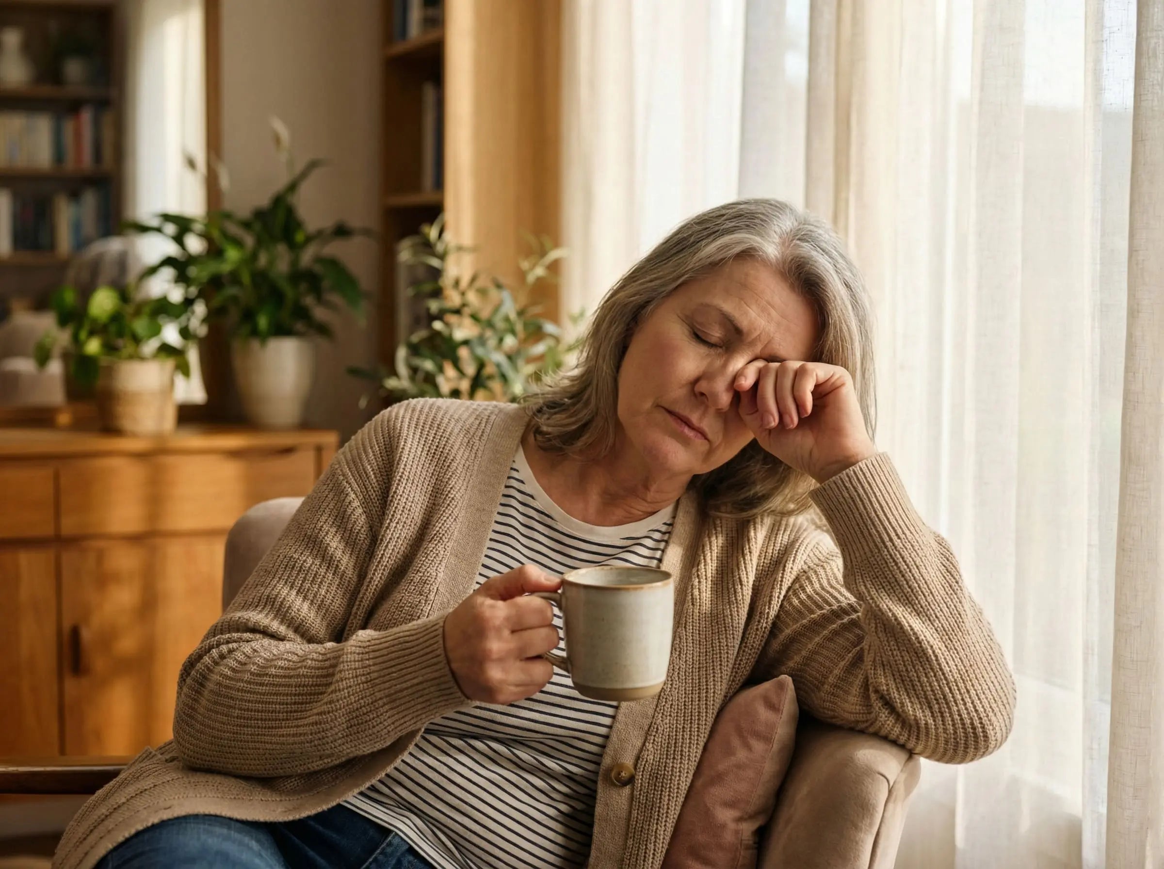 Woman over 50 looking tired emphasizing increased sleep needs after menopause