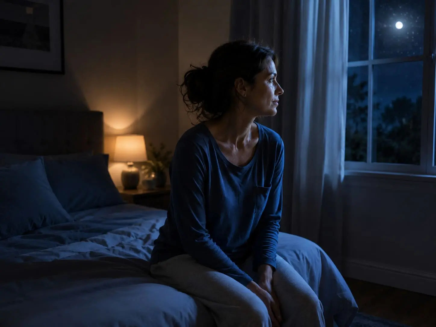 Woman sitting on the edge of her bed at night looking out the window, illustrating nighttime anxiety and difficulty relaxing before sleep.