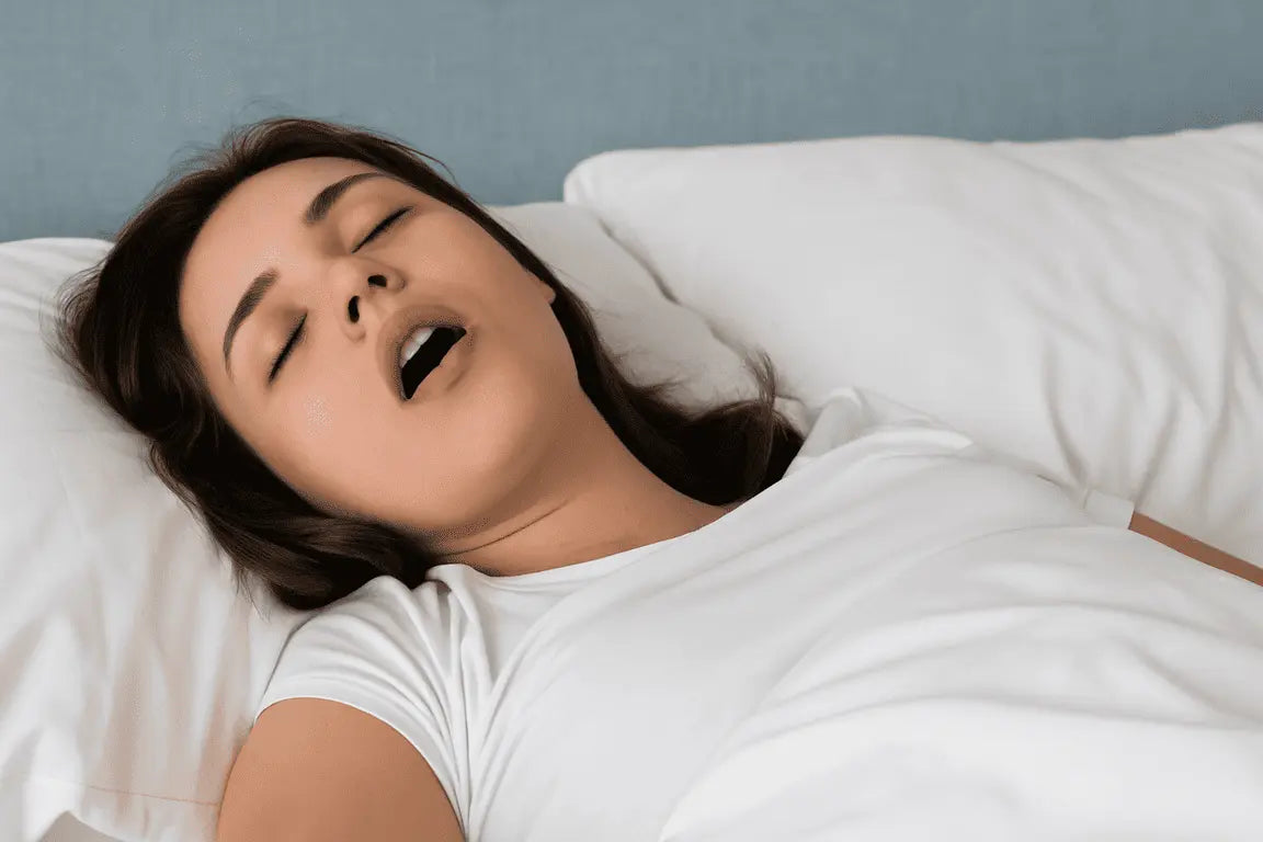 Woman sleeping in bed with her mouth slightly open, illustrating shallow breathing and the effects of poor sleep quality, concept for natural sleep improvement by Vitalisys.